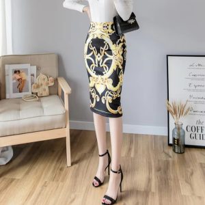 Fashion Print Stretchable Knee Length Midi Vintage Pencil Skirt