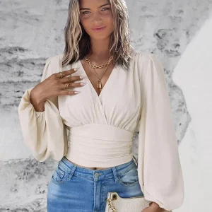 V Neck Long Sleeves Waist Elegant And Vintage Layered Crop Top