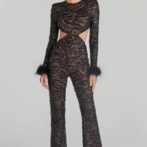Sequins Designer Cut Out Feather Mesh High Street Christmas Bodycon Rompers Jumpsuit