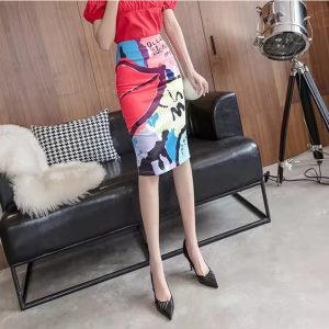 Fashion Geometric Print Knee Length Midi Vintage Pencil Skirt