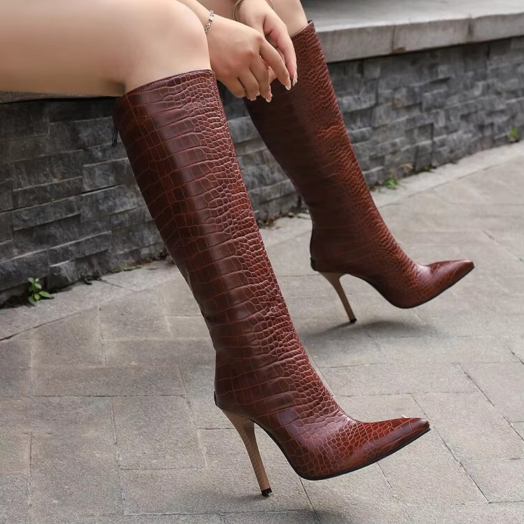 Snakeskin Print with Zipper Pointy Toe Thin High Heels Knee High Long Boots - Image 2