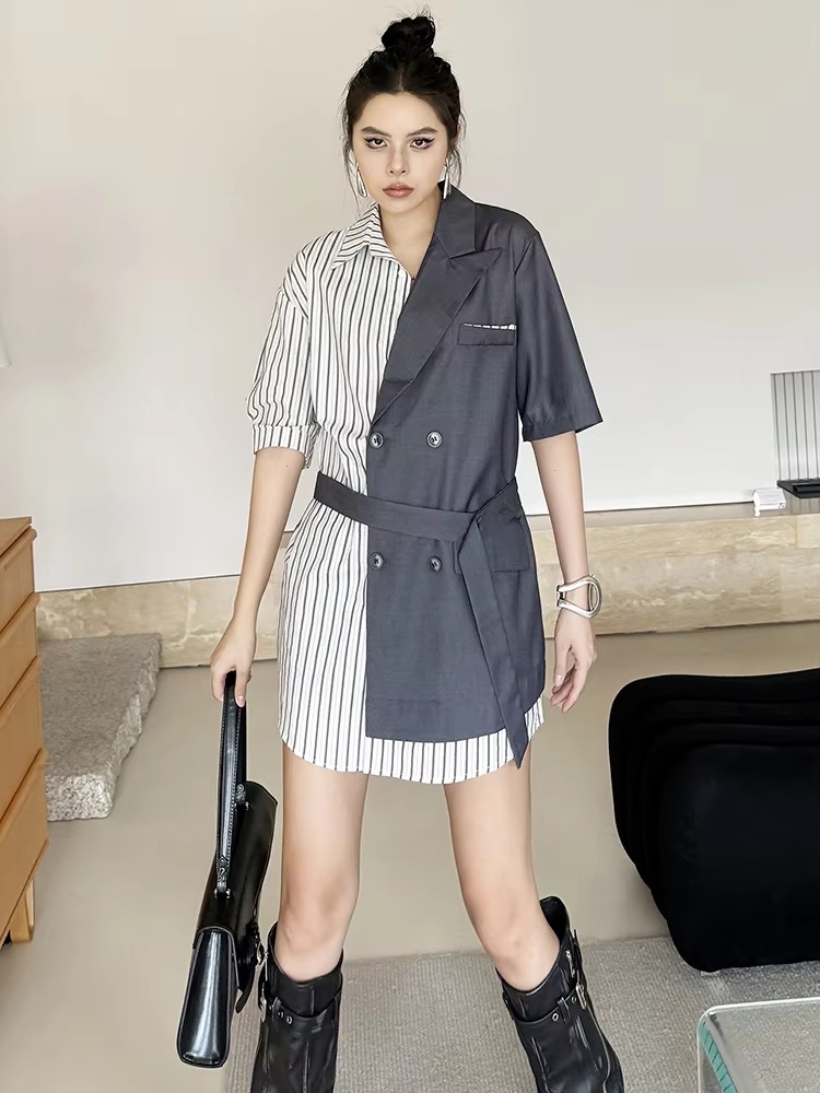 Striped Belted Single Breasted Big Size Lapel Short Sleeve Long Blazer - Image 2