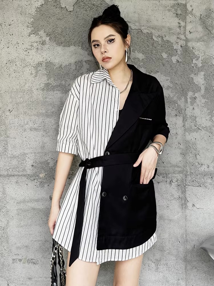 Striped Belted Single Breasted Big Size Lapel Short Sleeve Long Blazer - Image 13