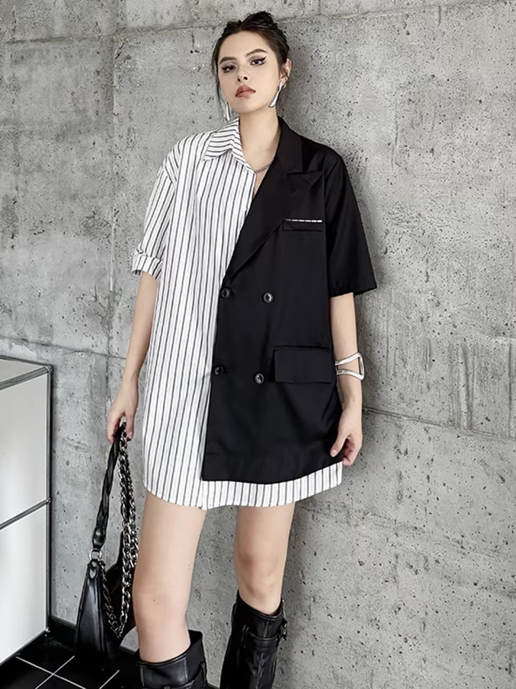 Striped Belted Single Breasted Big Size Lapel Short Sleeve Long Blazer - Image 14