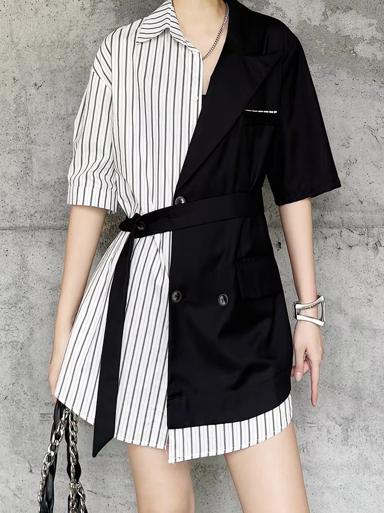 Striped Belted Single Breasted Big Size Lapel Short Sleeve Long Blazer - Image 16