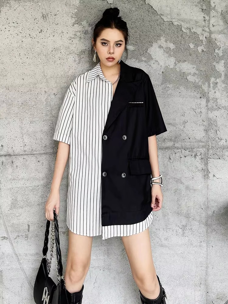 Striped Belted Single Breasted Big Size Lapel Short Sleeve Long Blazer - Image 15