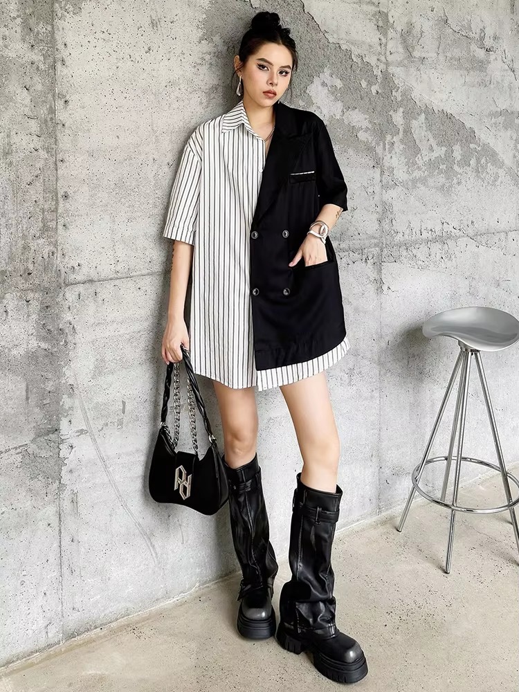 Striped Belted Single Breasted Big Size Lapel Short Sleeve Long Blazer - Image 11