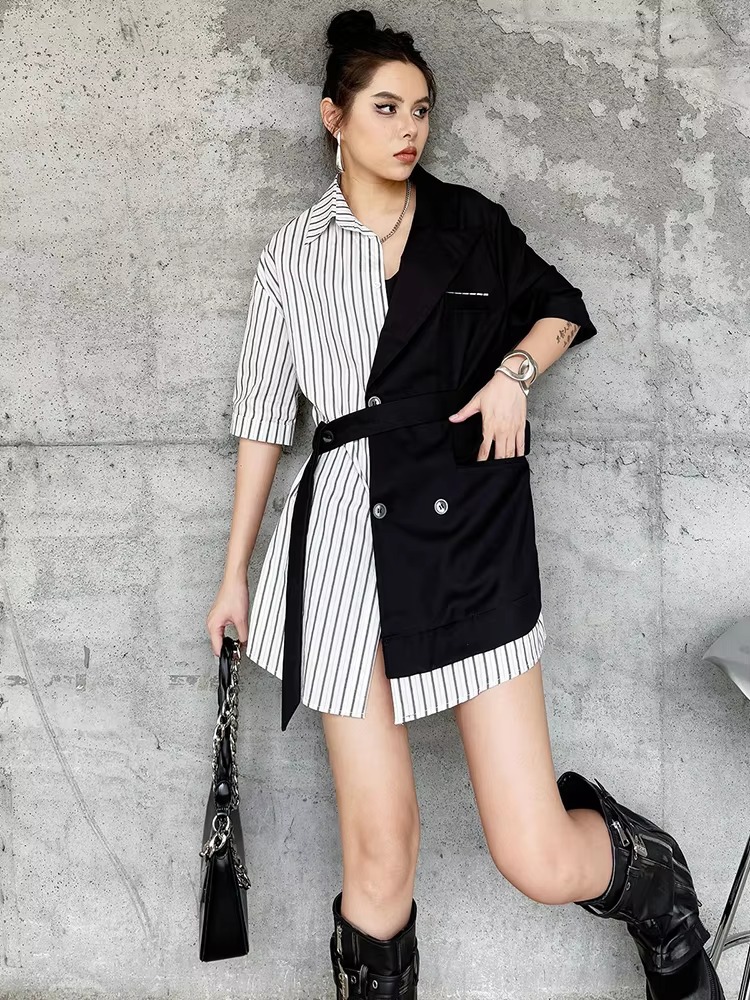 Striped Belted Single Breasted Big Size Lapel Short Sleeve Long Blazer - Image 12