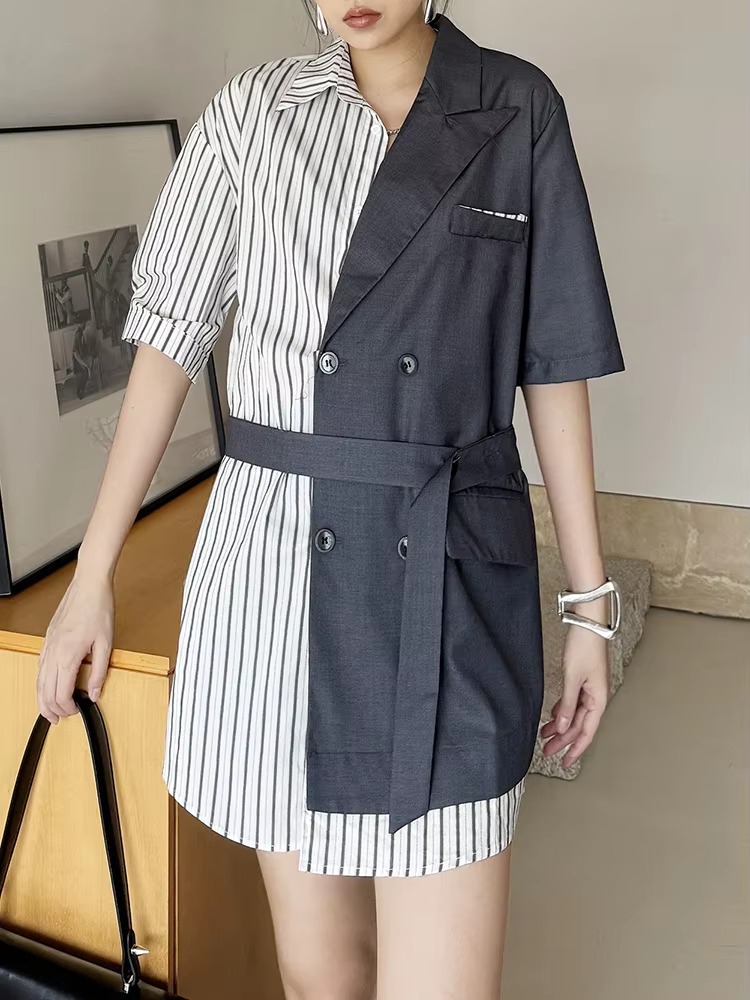 Striped Belted Single Breasted Big Size Lapel Short Sleeve Long Blazer - Image 3