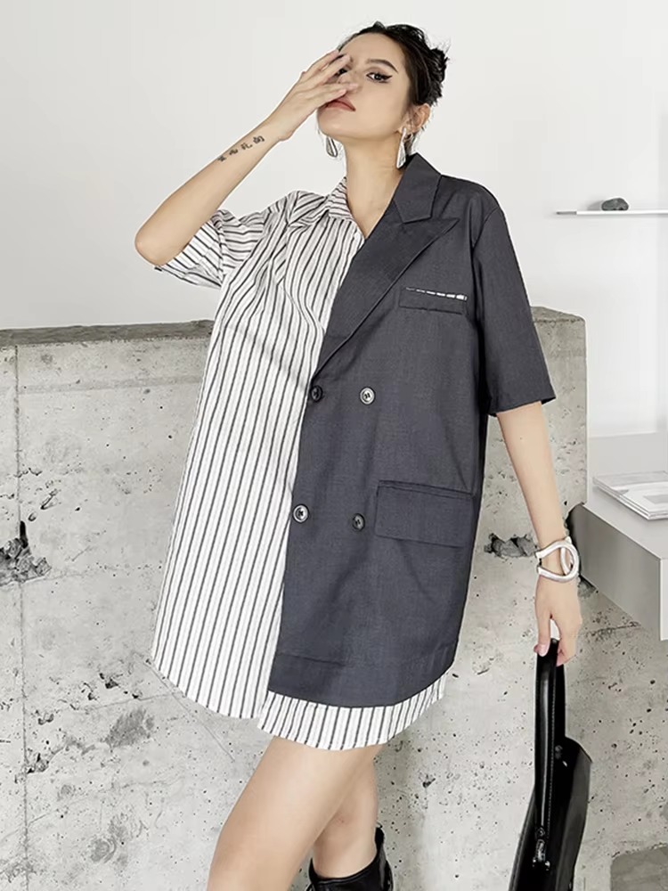 Striped Belted Single Breasted Big Size Lapel Short Sleeve Long Blazer - Image 4