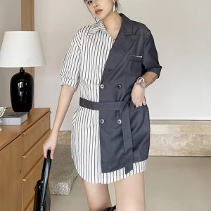 Striped Belted Single Breasted Big Size Lapel Short Sleeve Long Blazer