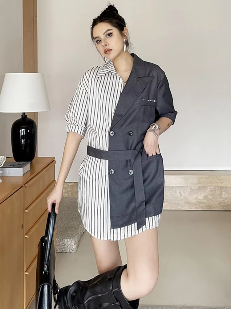 Striped Belted Single Breasted Big Size Lapel Short Sleeve Long Blazer
