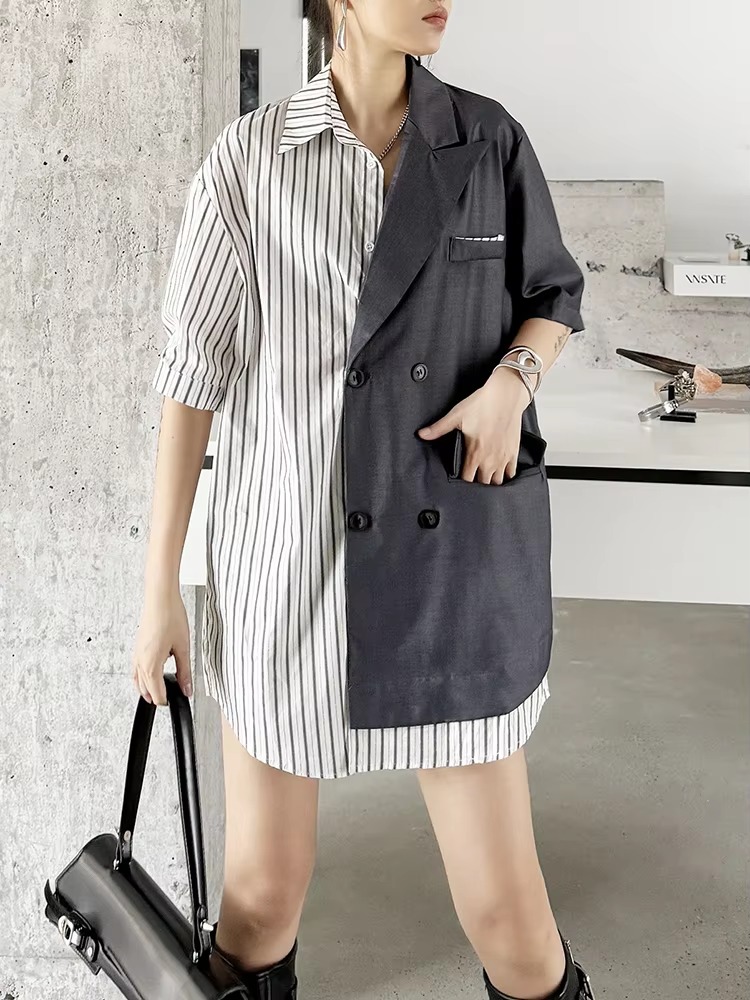 Striped Belted Single Breasted Big Size Lapel Short Sleeve Long Blazer - Image 6
