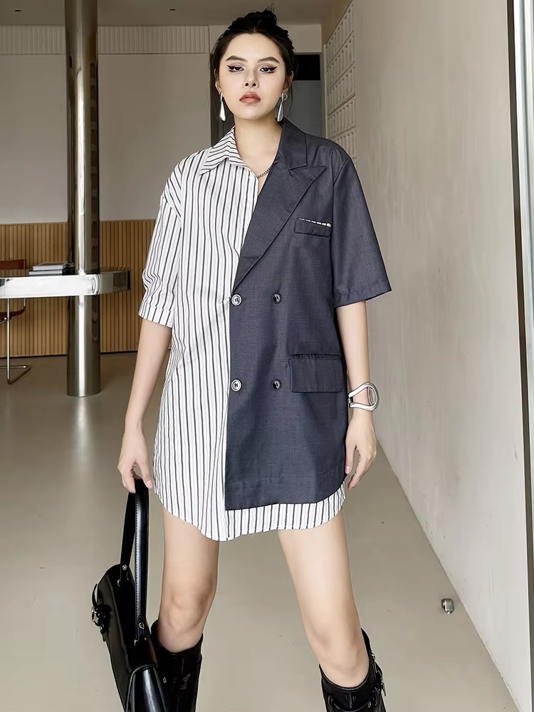 Striped Belted Single Breasted Big Size Lapel Short Sleeve Long Blazer - Image 7