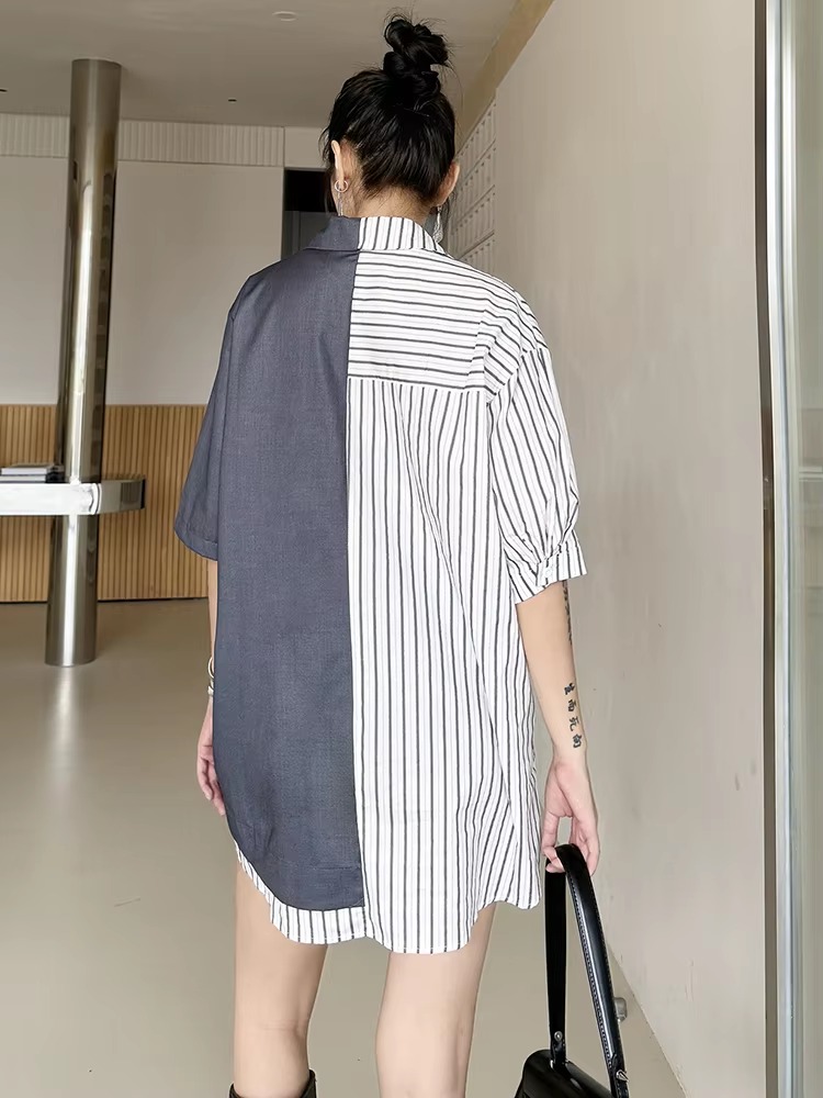 Striped Belted Single Breasted Big Size Lapel Short Sleeve Long Blazer - Image 9