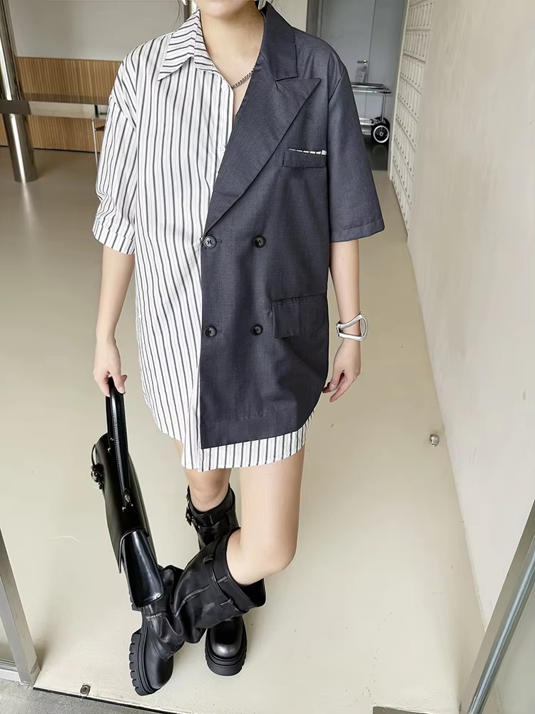 Striped Belted Single Breasted Big Size Lapel Short Sleeve Long Blazer - Image 8