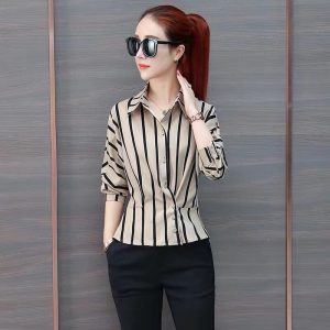 Striped Long Sleeve Polo-Neck Waist Elegant And Vintage Office Shirts