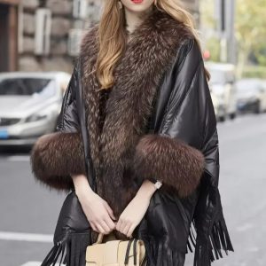 Trendy Bat Sleeved Covered Button Pockets Real Raccoon Fur Street wear Coat