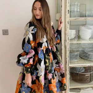 Metallic Embroidery Flocked Lantern Flower Silhouette Mini Dress