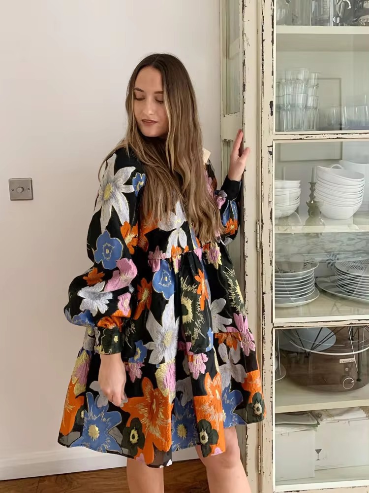 Metallic Embroidery Flocked Lantern Flower Silhouette Mini Dress