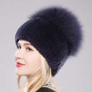 Trendy Rex Rabbit Knitted Real Fox Fur 2 Pieces Hat