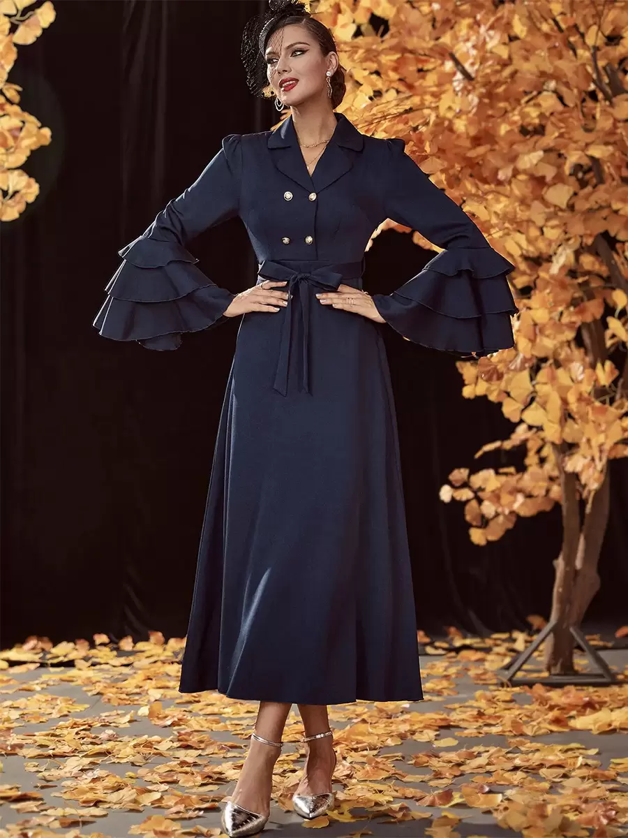 Turndown Collar Neck Long Sleeves Chic Elegant And Vintage Midi Dresses - Image 5