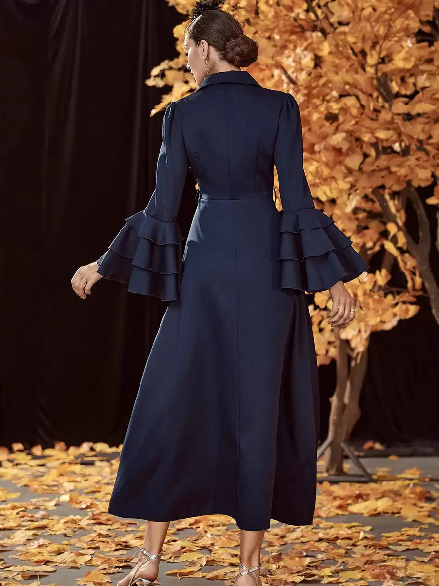 Turndown Collar Neck Long Sleeves Chic Elegant And Vintage Midi Dresses - Image 4