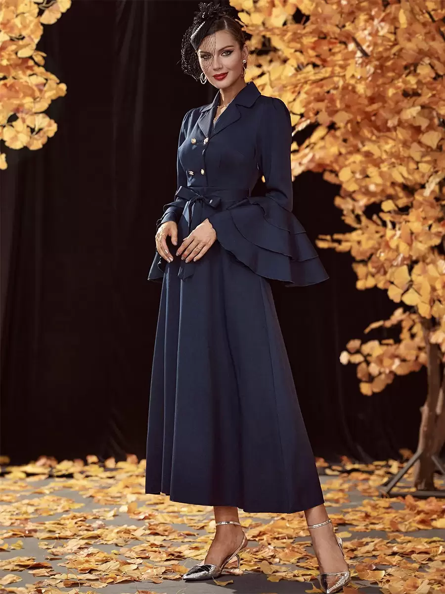 Turndown Collar Neck Long Sleeves Chic Elegant And Vintage Midi Dresses - Image 3
