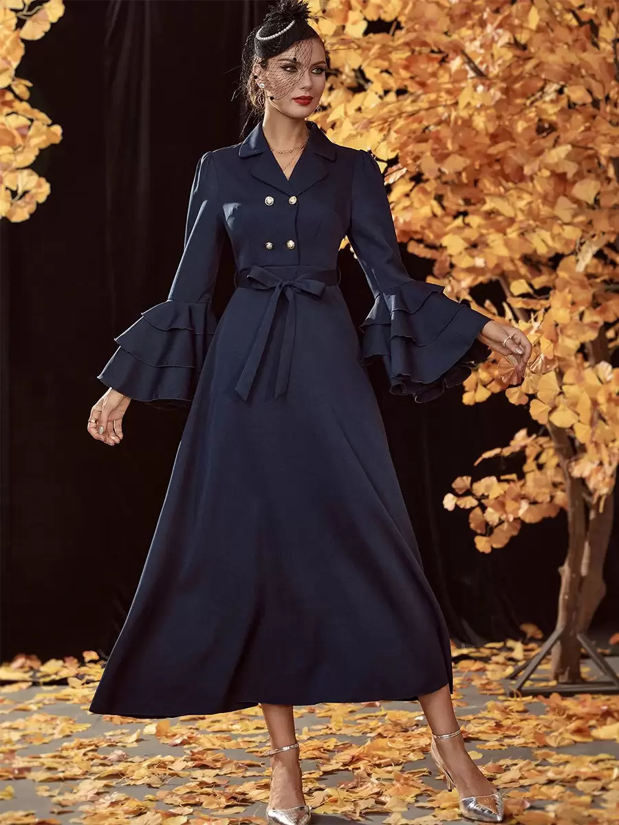 Turndown Collar Neck Long Sleeves Chic Elegant And Vintage Midi Dresses - Image 2