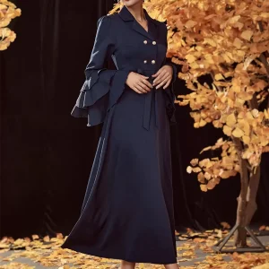 Turndown Collar Neck Long Sleeves Chic Elegant And Vintage Midi Dresses