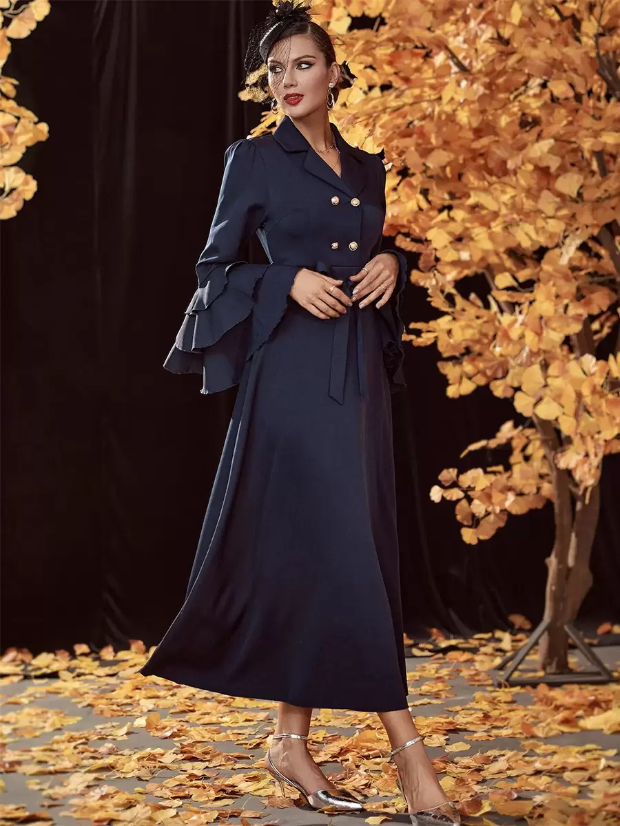 Turndown Collar Neck Long Sleeves Chic Elegant And Vintage Midi Dresses
