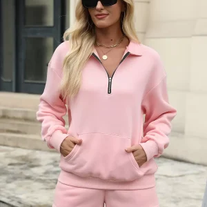 Turndown Neck Zipper Casual Street Wear Raised Elegant And Vintage Pant Set