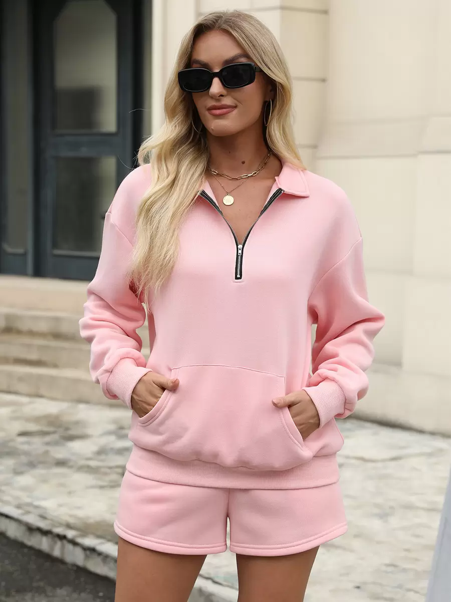 Turndown Neck Zipper Casual Street Wear Raised Elegant And Vintage Pant Set