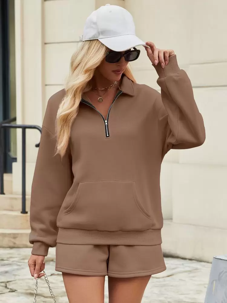 Turndown Neck Zipper Casual Street Wear Raised Elegant And Vintage Pant Set - Image 3