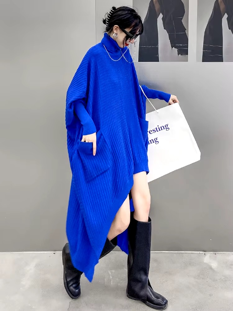 Casual Solid Turtleneck Long Sleeve Irregular Long Big Size Knitting Dress - Image 2