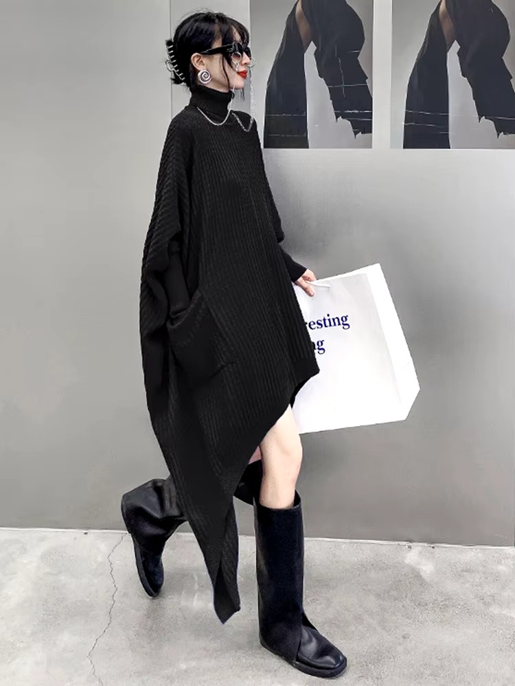 Casual Solid Turtleneck Long Sleeve Irregular Long Big Size Knitting Dress - Image 12
