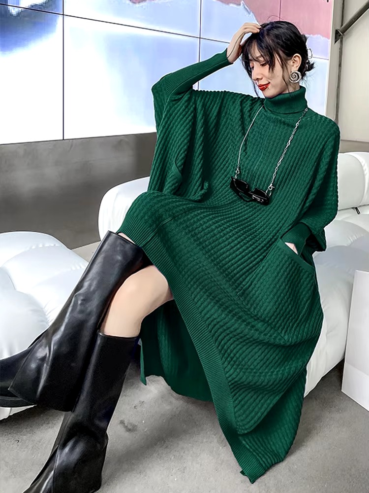 Casual Solid Turtleneck Long Sleeve Irregular Long Big Size Knitting Dress - Image 13