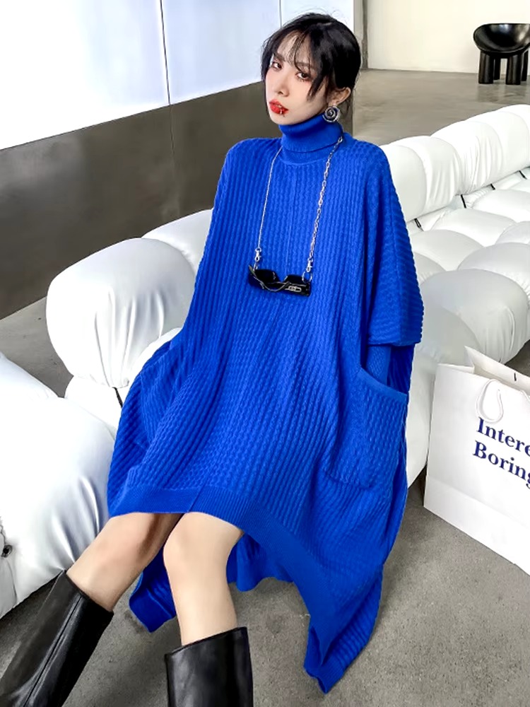 Casual Solid Turtleneck Long Sleeve Irregular Long Big Size Knitting Dress - Image 3