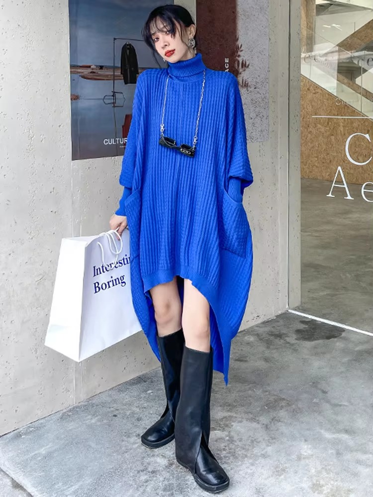 Casual Solid Turtleneck Long Sleeve Irregular Long Big Size Knitting Dress - Image 4