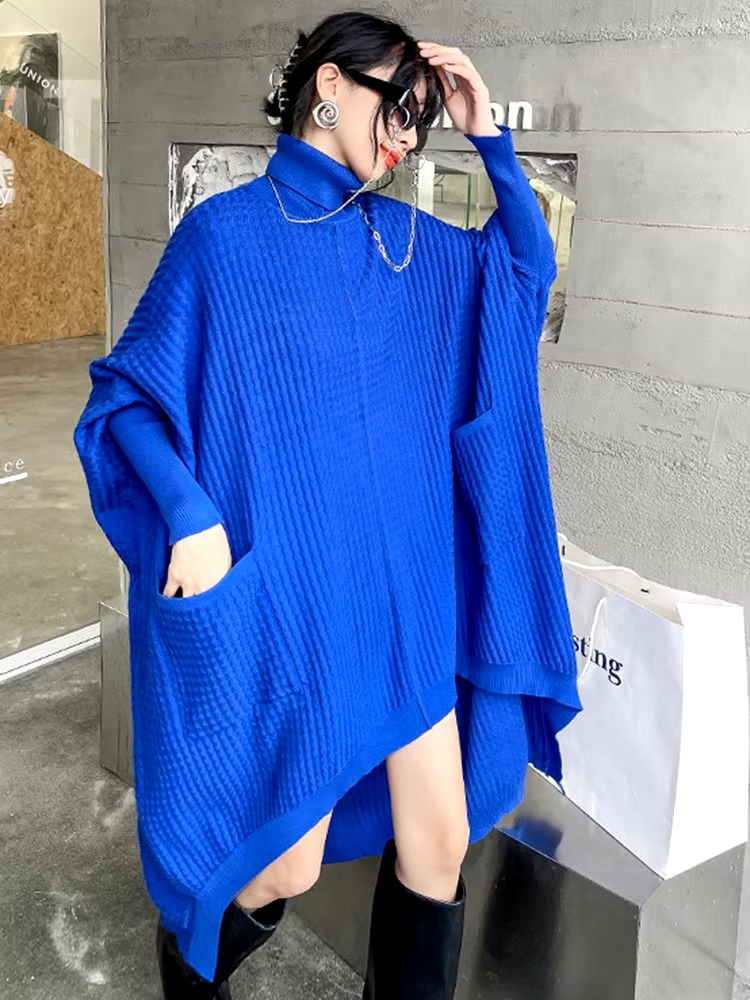 Casual Solid Turtleneck Long Sleeve Irregular Long Big Size Knitting Dress - Image 5