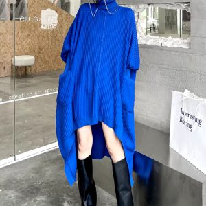 Casual Solid Turtleneck Long Sleeve Irregular Long Big Size Knitting Dress