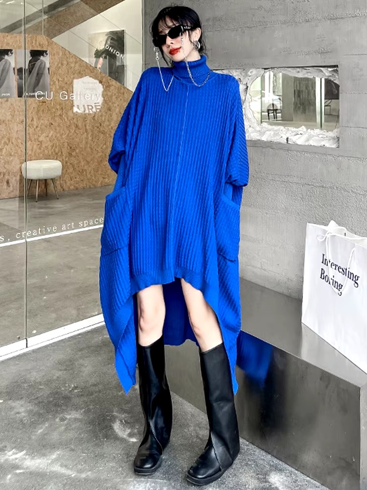 Casual Solid Turtleneck Long Sleeve Irregular Long Big Size Knitting Dress