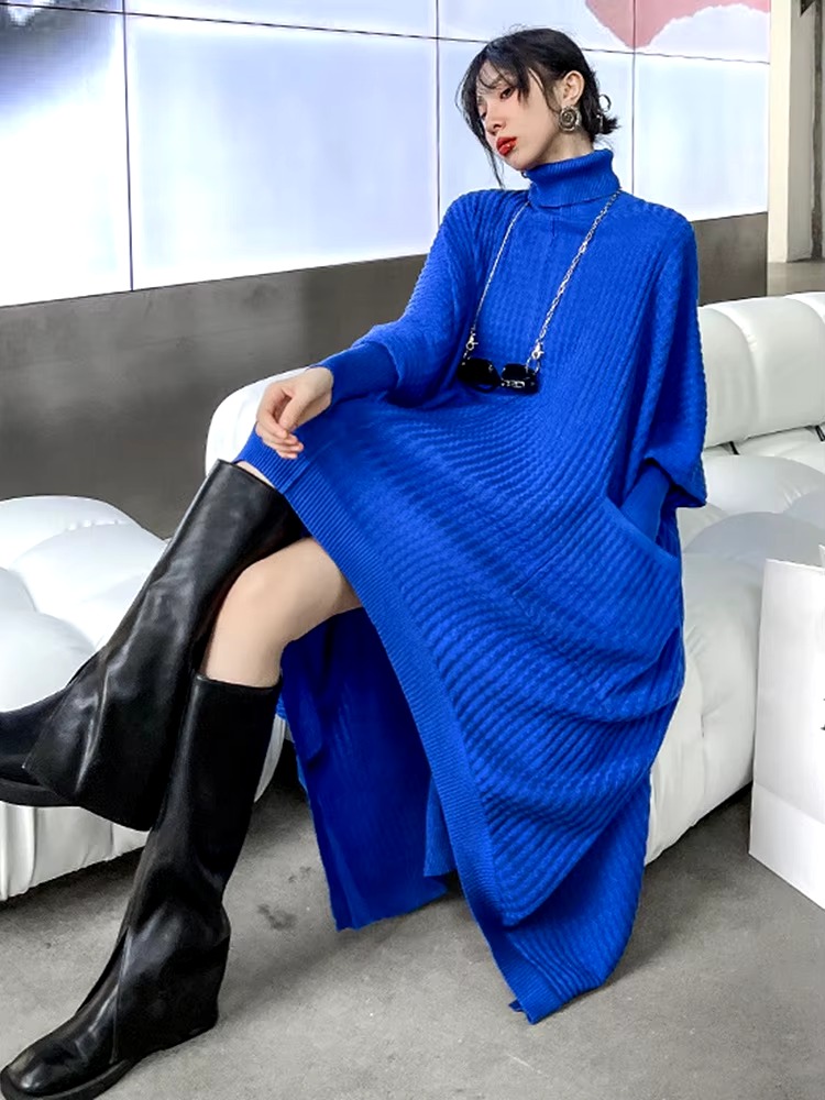 Casual Solid Turtleneck Long Sleeve Irregular Long Big Size Knitting Dress - Image 7