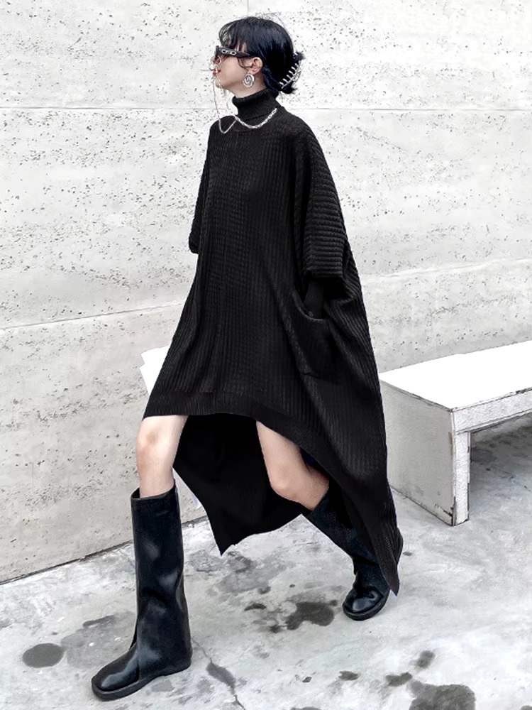 Casual Solid Turtleneck Long Sleeve Irregular Long Big Size Knitting Dress - Image 8