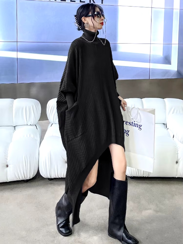 Casual Solid Turtleneck Long Sleeve Irregular Long Big Size Knitting Dress - Image 11