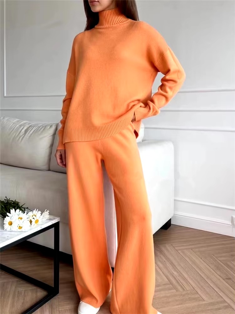 Turtleneck Sweater and Straight Jogging Pants Knitted 2 Pieces Set