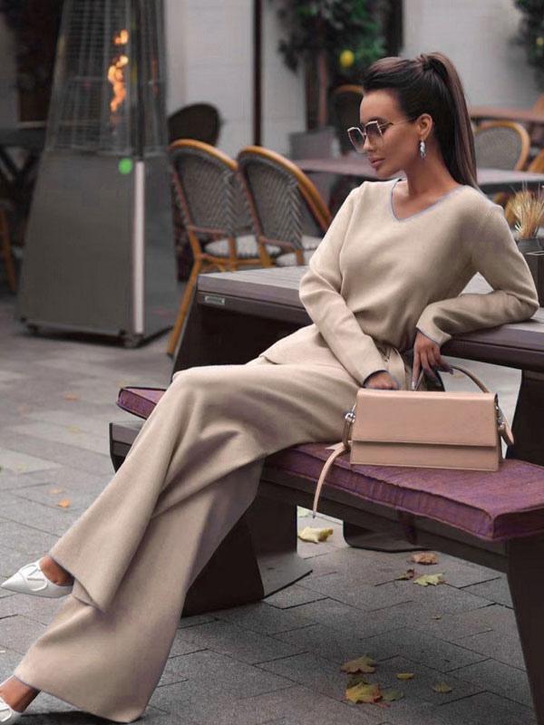 V-Neck Daily Casual Fall Solid Sash Elegant And Vintgae Pant Set - Image 4