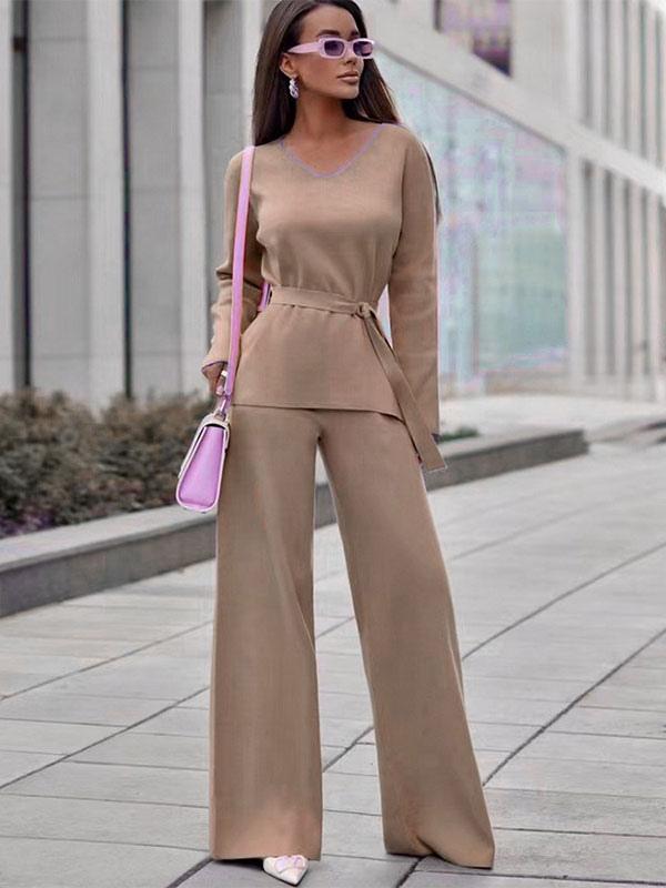 V-Neck Daily Casual Fall Solid Sash Elegant And Vintgae Pant Set - Image 2