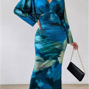 V Neck Pleated Slim Bat Sleeve Trend Elegant And Vintage Maxi Dresses