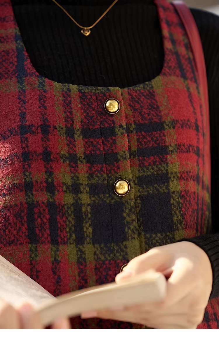 Vintage Button A-line Square Collar Plaid Woolen Mini Dress - Image 8